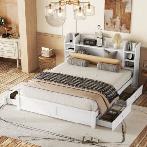 Lit double 180x200cm - 4 tiroirs - compartiments de rangement sur tête - Blanc