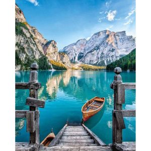 Figured'Art Peinture par Numéro Adulte avec Cadre Barque sur Un Lac de Montagne - Activité Manuelle Kit de Loisir Créatif DIY Numéro d'art Complet - 40x50cm Toile tendue sur châssis