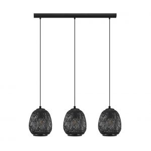 Image de Eglo Suspension Dembleby 1, 3 ampoules Vintage Nature Hygge Suspension Bois Panier Tressé Lampe de Table de Salon Suspendue en Noir, Acier Douille E27