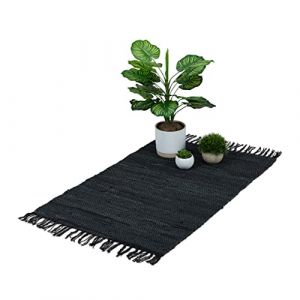 Image de Relaxdays Tapis tissé, 60x110 cm, coton et cuir, descente de lit à franges, antidérapant, chambre et couloir, noir