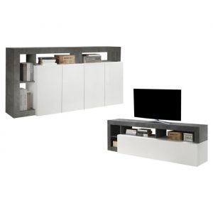 Ensemble Buffet et Meuble TV S&eacute;jour contemporain SEFRO Blanc laqu&eacute; et b&eacute;ton