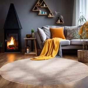 Carpetsale24 Tapis salon 120 cm Rond Beige Uni moderne et moelleux à poil court, avec sous-couche antidérapante, lavable