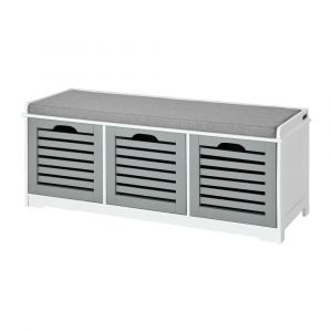 Sobuy Meuble à Chaussures avec Coussin d'Assise et 3 Paniers Amovibles – Banc de Rangement Entrée, Blanc et Gris, 105x35x43cm, FSR23-HG