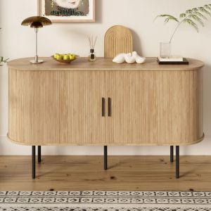 Buffet 140 x 40 x 78 cm - 1 porte coulissante - Avec étagères - Pieds en fer - MDF - Naturel