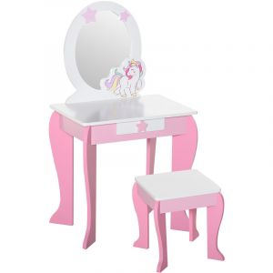 Homcom Coiffeuse Enfant Design Licorne - Tabouret Inclus - dim. 49L x 34l x 90H cm - tiroir, Miroir - MDF - Rose Blanc