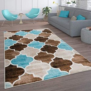 Paco Home - Tapis Salon Vintage Poils Ras Marocain Diamant Turquoise Brun Beige, 240x340 cm