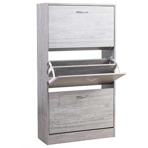 BAKAJI Meuble &agrave; Chaussures en Bois MDF avec 3 Portes Porte-Chaussures &agrave; Rabat, poign&eacute;es en m&eacute;tal, Double Profondeur, Dimensions compactes, Fin 63 x 24 x 115 cm, Gain de Place, entr&eacute;e Maison (Gris)