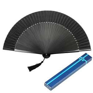 Image de KAKOO &Eacute;ventail Pliant Ventilateur &agrave; Main en Soie Bambou de Style Simple Japonais pour Cadeau de F&ecirc;te D&eacute;coration Cosplay DIY (Bleu Marine)