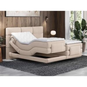 Ensemble complet boxspring tête de lit capitonnée + sommiers relaxation électrique + matelas + surmatelas - 2 x 80 x 200 cm - Tissu - Beige - LODI de PALACIO