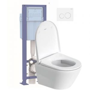 Duravit Pack WC suspendu compact sans bride D-Neo avec abattant frein de chute + bati support SIAMP + Plaque de commande blanche