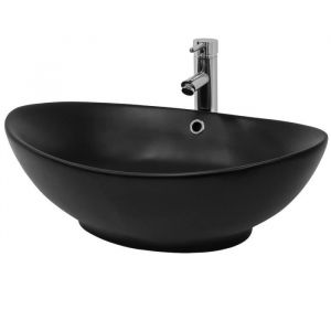 ML-Design Lavabo en Céramique Noir Mat, 59x38x19 cm, Vasque à Poser Ovale, Cuvette avec Trop-Plein et Trou de Vidange
