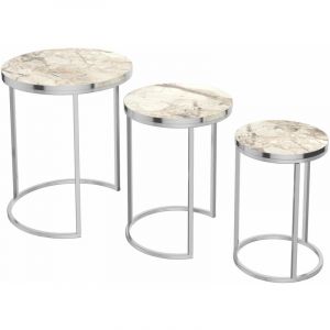 Set de 3 tables d appoint rondes gigognes marbre blanc argent