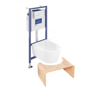 Villeroy & Boch Pack WC sans bride Avento + Bâti support + abattant frein de chute + plaque chromée + Tabouret bois