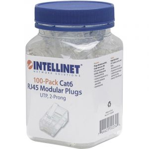 Image de Intellinet Pack de 100 modules RJ45 catégorie 6 Intellilnet, fiche modulaire UTP, 2 points, pour câble 100 fiches mâles par poche 502344 Contact à