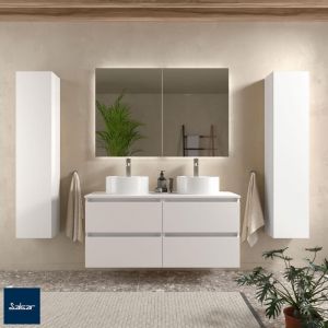Planetebain Meuble salle de bain - 120 cm - Double vasques à poser - Blanc mat - a suspendre - karaib