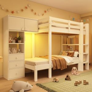Lit superposé 90x200cm - avec LED - armoire et 3 tiroirss - avec étagères - Bois massif + MDF - Blanc (sans matelas)