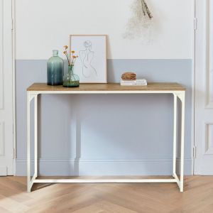 Alice's Garden Console en m&eacute;tal blanc mat et d&eacute;cor bois. 120x39x79cm - Loft - table d'appoint avec 1 barre de renfort