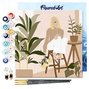 Figured'Art Mini Peinture par Numéro Adulte 20x20cm avec cadre Femme et Bouquet - Petit Format Kit de Loisir Créatif DIY Numéro d'Art Complet