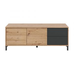 Buffet Daca, Buffet moderne à 2 portes, Buffet du salon, Meuble tv, Buffet avec pieds pour salon, 130x41h47 cm, Chêne noueux et Anthracite - Dmora