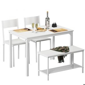 Table à Manger Complète Blanc - 4 Personnes - 1 Table à Manger - 2 Chaises - 1 Banc - Etagère de Rangement - Séjour Cuisine