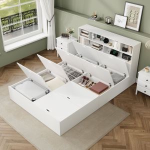 Lit double 140x200cm rangement int&eacute;gr&eacute; MDF USB blanc (Sans matelas)