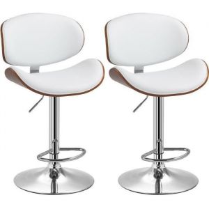 Homcom Lot de 2 tabourets de bar design contemporain hauteur d'assise réglable 62-82 cm pivotant 360° bois revêtement synthétique blanc - Blanc