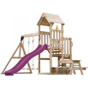 Axi Mette Aire de Jeux en Bois avec 2 Balan&ccedil;oires, toboggan violet, Table de Pique Nique / Aire de Jeux Ext&eacute;rieur avec balan&ccedil;oires/ bac &agrave; sable/t&eacute;l&eacute;scope