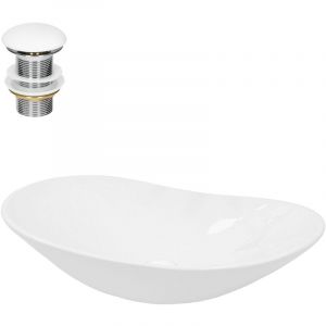 ECD Germany Lavabo Ovale en Céramique, 640x365x130 mm, Blanc, avec Garniture de Vidage 1 1/4, pour Lavabo sans Trop-Plein, Vasque à Poser, Évier