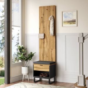 Ensemble Vestaire avectabouret à chaussures et coussins, accessoires suspendus à l'avant et tiroirs - 210x38x50cm - Naturel