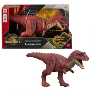 Mattel Jurassic World : Renaissance, Aucasaurus Rugissement féroce, dinosaure avec mouvement de mâchoire activé en bougeant la queue, attaque multidirectionnelle et son, jeu virtuel, JGB88