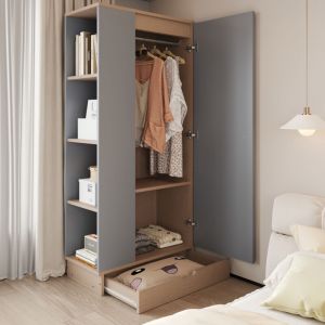 Armoire MODFU 1 tiroir 1 porte, étagère de rangement ouverte, bois, 70x40x170 cm, gris/naturel
