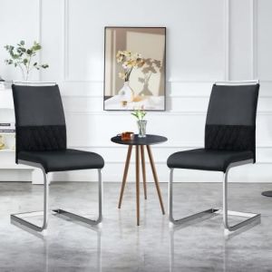 Lot de 2 chaises de salle &agrave; manger, dossier en simili cuir PU et lin, rembourr&eacute;e, noir