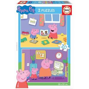 Image de Educa Puzzle Enfant 2 x 20 Pieces - Peppa Pig Et Georges Jouent Dans La Chambre / Font De L ordinateur