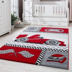 Carpetsale24 Tapis de Chambre pour B&eacute;b&eacute; et Enfant Motif Voiture de Course Couleur Rouge 120x170 cm