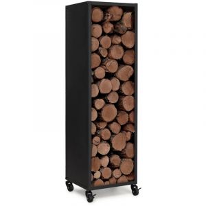 Idmarket Range-b&ucirc;ches vertical plein acier noir h. 112 cm pour chemin&eacute;e avec roulettes