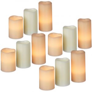 Relaxdays Bougie led, lot de 12, cire véritable, sans flamme, bougie de Noël, à piles, HxlxP: 13 x 8 x 8 cm, diamètre 7 cm, crème