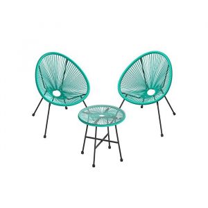 Salon de jardin lot 3 meubles de terrasse chaises d'extérieur acapulco avec table en verre turquoise