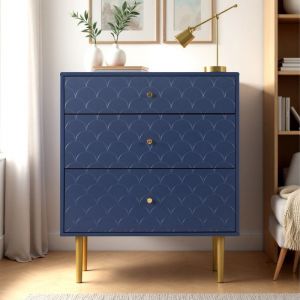 Commode buffet haut - URBAN MEUBLE - Bleu marine - 3 tiroirs - Motif &eacute;cailles - Pieds dor&eacute;s
