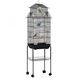 Pawhut Cage à oiseaux sur pied - sur roulettes - avec balançoire support - design maison - 505 x 41 x 163 cm - en acier - noir