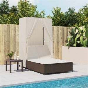 VidaXL Chaise longue double avec toit et rideaux marron résine tressée, transat, lit de jour d'extérieur, lit de jour de jardin, lit de bronzage