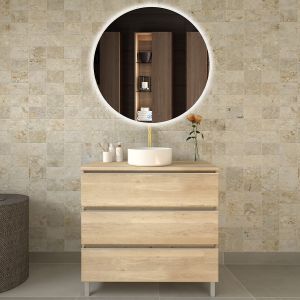 Cosyneo - Meuble de salle de bain avec vasque à poser ronde - bambou (chêne clair) - palma et miroir Led solen - 80cm