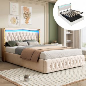 Lit coffre capitonné 160x200 cm avec éclairage led - tissu en velours - Beige