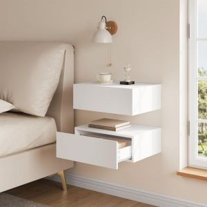 Woltu - Lot de 2 Table de Chevet Suspendue avec Tiroir 40x30x14 cm, Table de Chevet Murale en Bois, Blanc