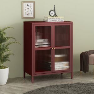 [en.casa] - Buffet S&auml;kyl&auml; acier verre ondul&eacute; 84 x 64 x 35 cm rouge bordeaux