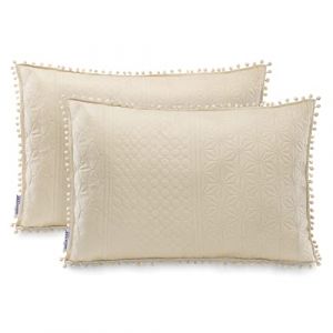 AmeliaHome Lot de 2 taies d'oreiller avec Pompons surpiq&ucirc;res ultrasoniques des Deux c&ocirc;t&eacute;s 50 x 70 cm Beige