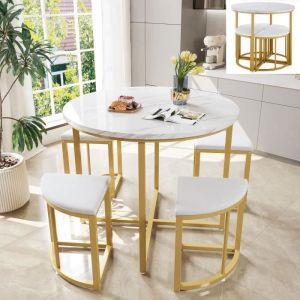 Ensemble Salle &agrave; Manger - Table Rectangulaire - 4 Chaises - MDF Blanc - Style Contemporain