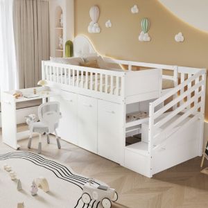 Lit mezzanine 90x200cm - lit enfant avec bureau, penderie, casiers et 2casiers dans l'escalier - pin+MDF, blanc