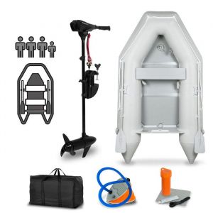 Eberth Bateau pneumatique avec moteur, 3-4 personnes, 50 LBS de poussée, sans permis, bateau de pêche, bancs, 2 pagaies, pompe