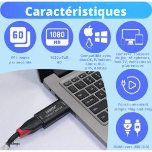 Cl&eacute; de Capture HDMI vers USB - EarKings - Capture Vid&eacute;o Compatible PlayStation, Xbox, Nintendo, Windows, MAC