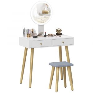 Homcom Ensemble coiffeuse tabouret avec miroir led rond design réglable nombreux rangements